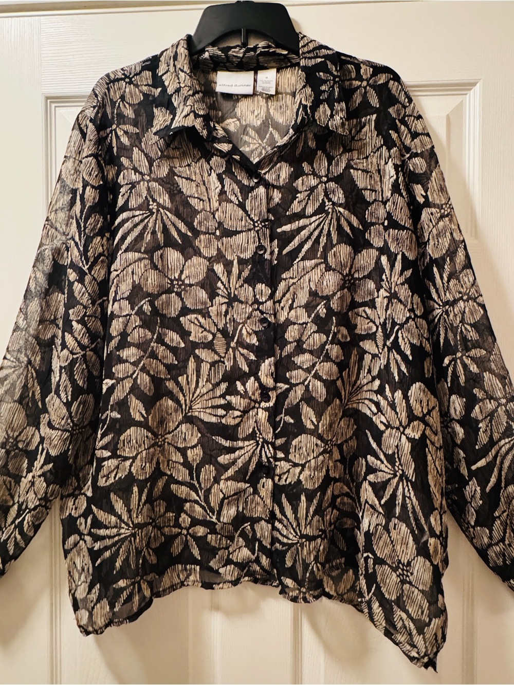 Alfred Dunner Black and Cream Floral Button-Down Shirt